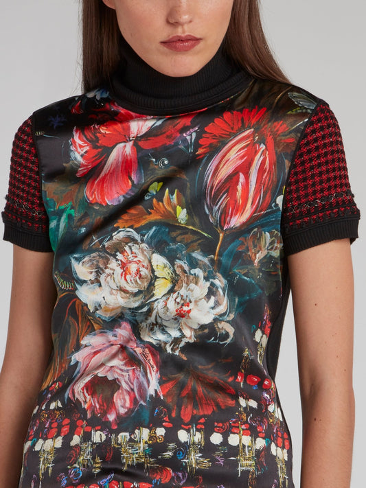 Painted Floral Print Turtleneck Top