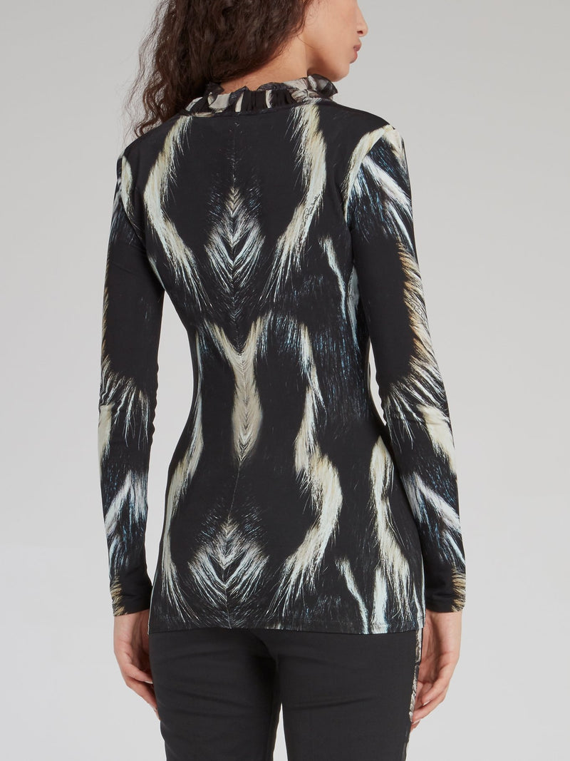 Black Fur Print Frill Collar Top