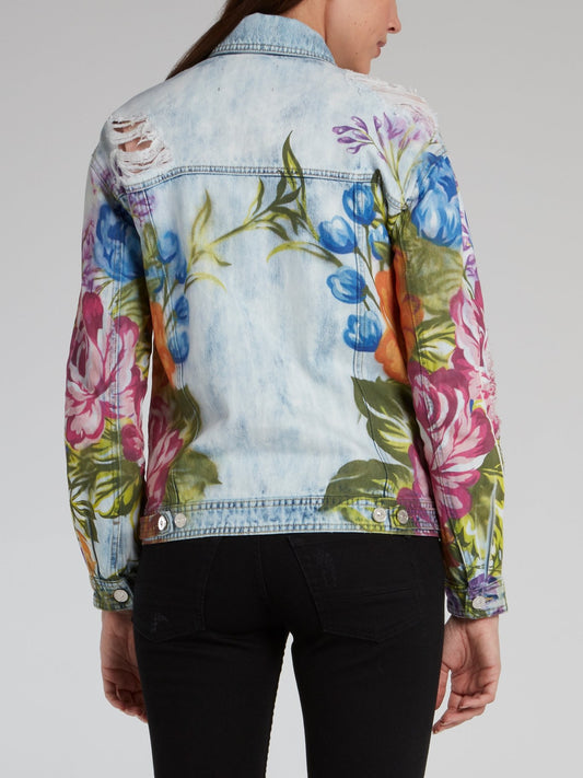 Floral Print Distressed Denim Jacket