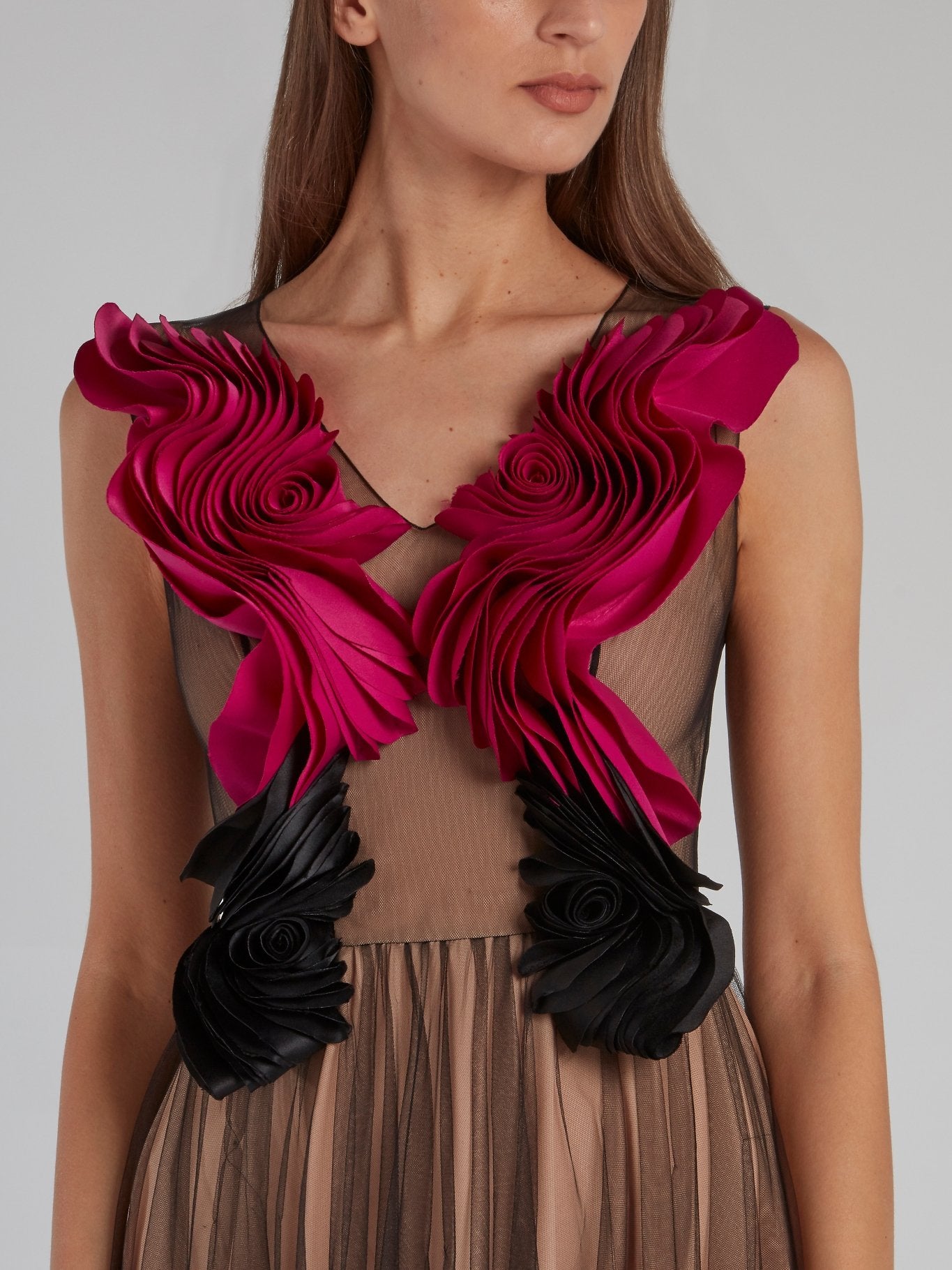 Rose Bib Tulle Overlay Maxi Dress