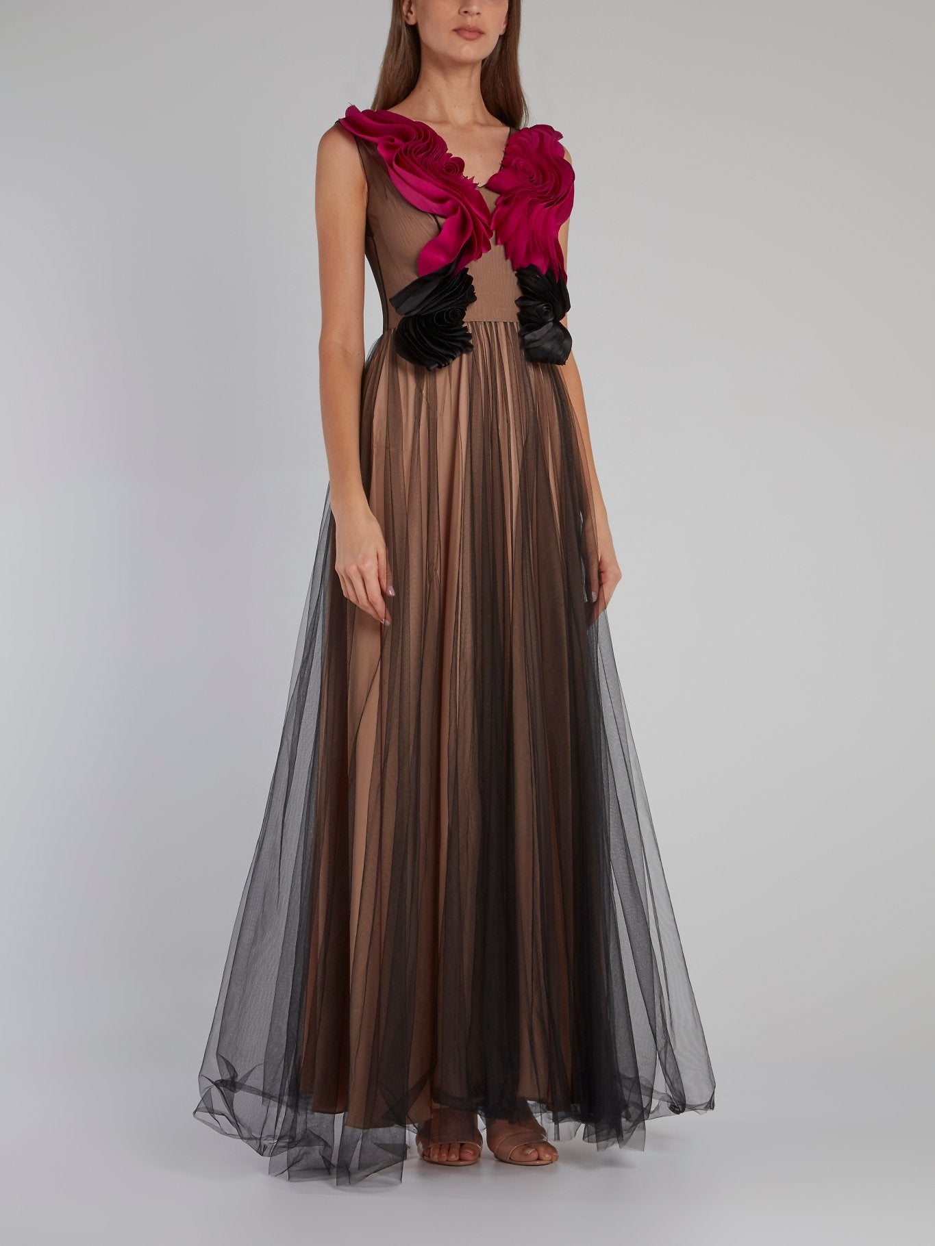 Rose Bib Tulle Overlay Maxi Dress