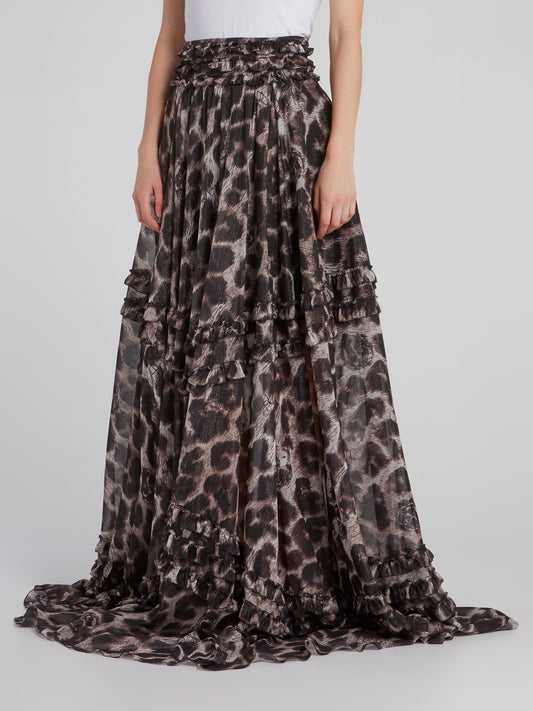 Leopard Effect Frill Detail Maxi Skirt