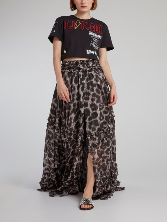 Leopard Effect Frill Detail Maxi Skirt