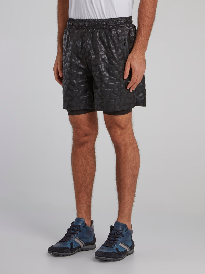 Black Geometric Track Shorts