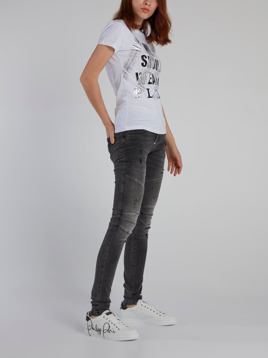 White with Silver Print Statement T-Shirt