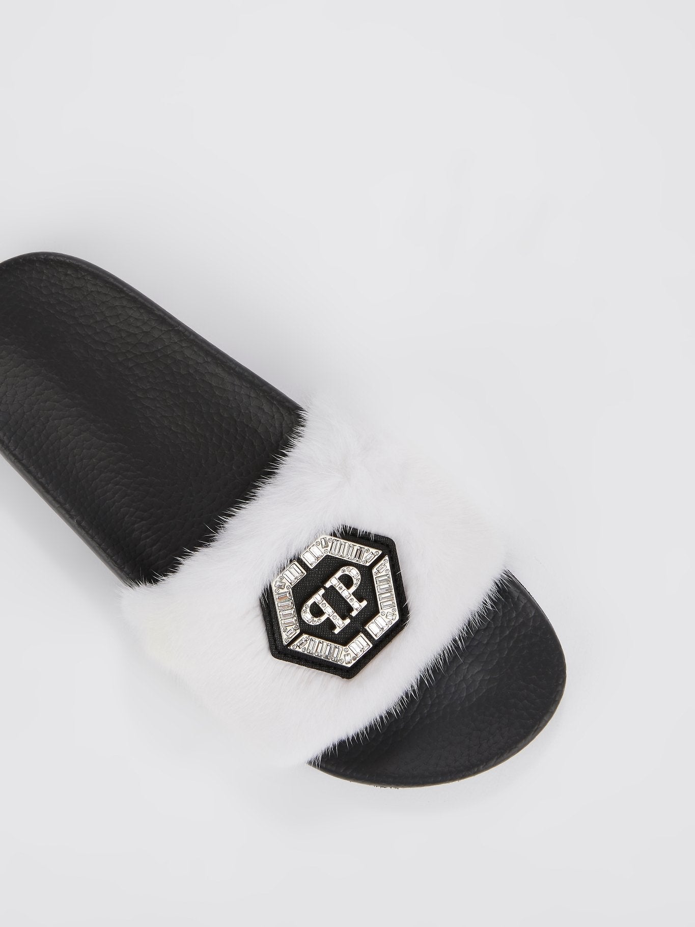 White Crystal Monogram Fur Slides