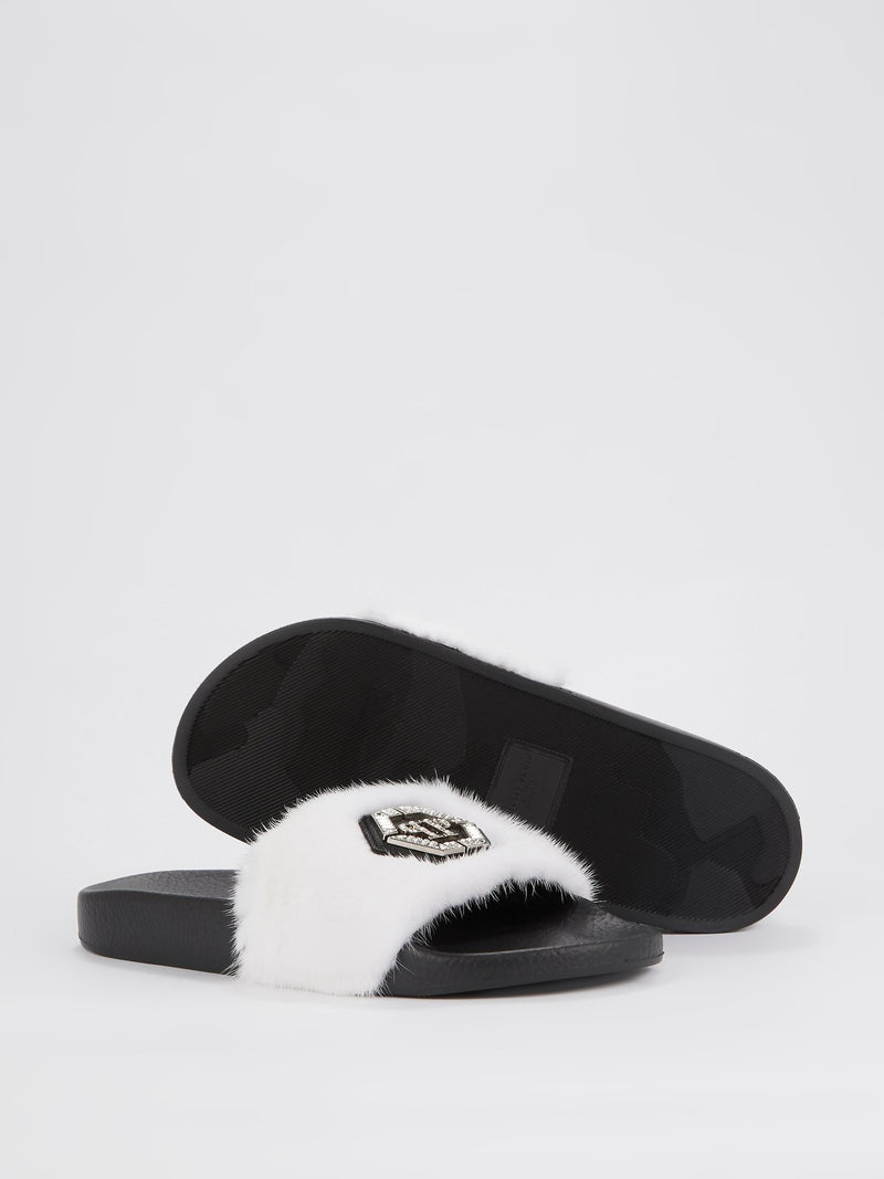 White Crystal Monogram Fur Slides