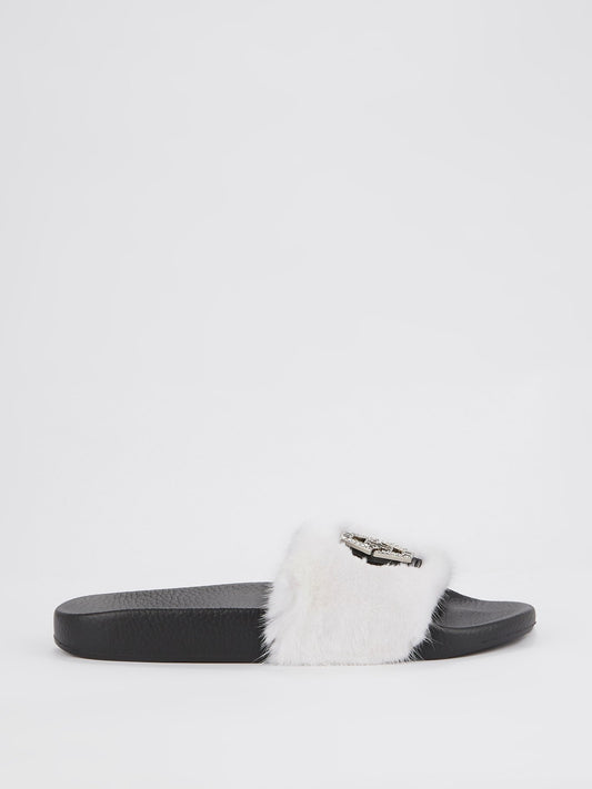 White Crystal Monogram Fur Slides