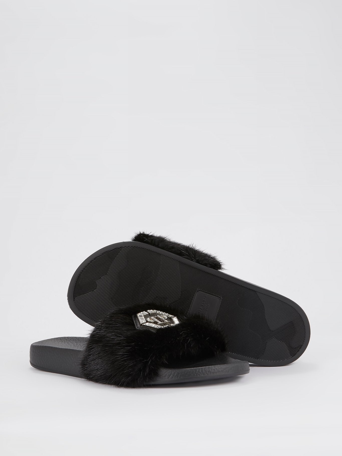 Black Crystal Monogram Fur Slides