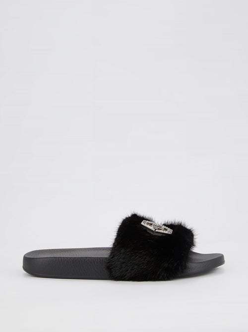 Black Crystal Monogram Fur Slides