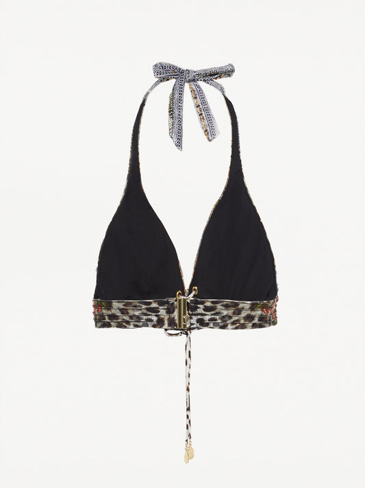 Leopard Panel Halter Bikini Top