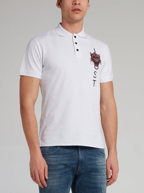 White Leopard Head Print Polo Shirt