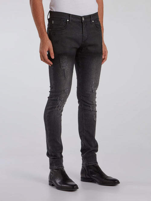 Black Stone Wash Distressed Jeans
