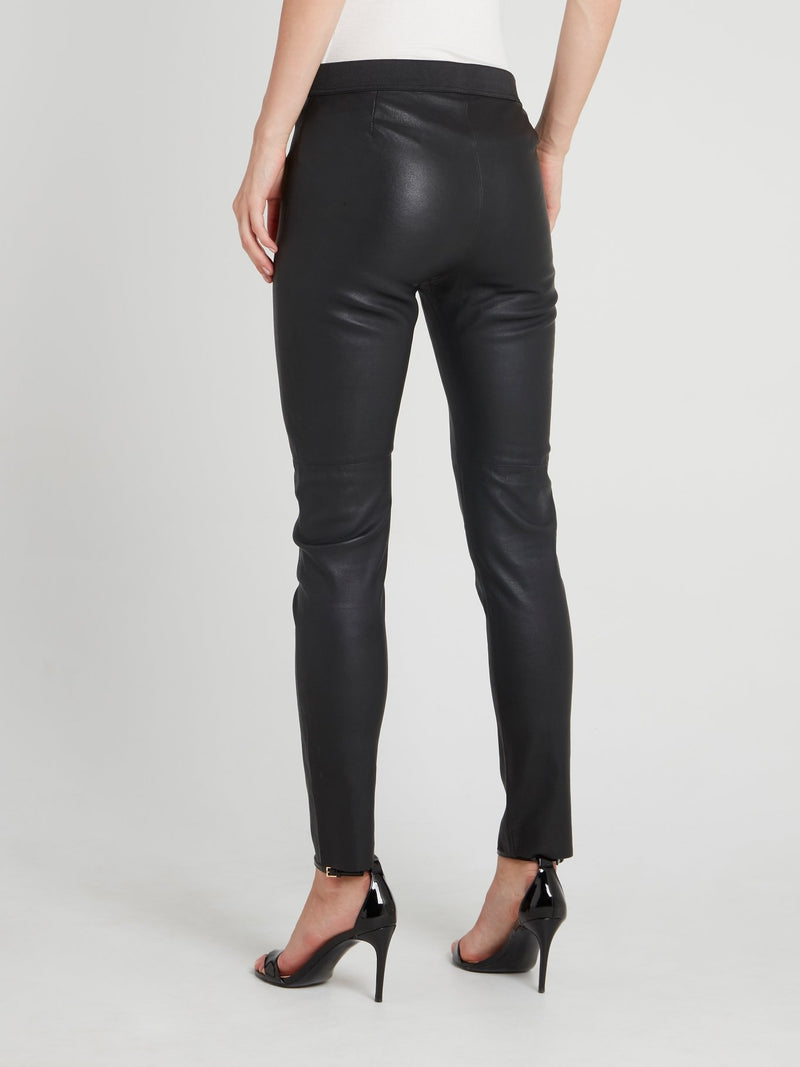 Black Elastic Waist Leather Pants