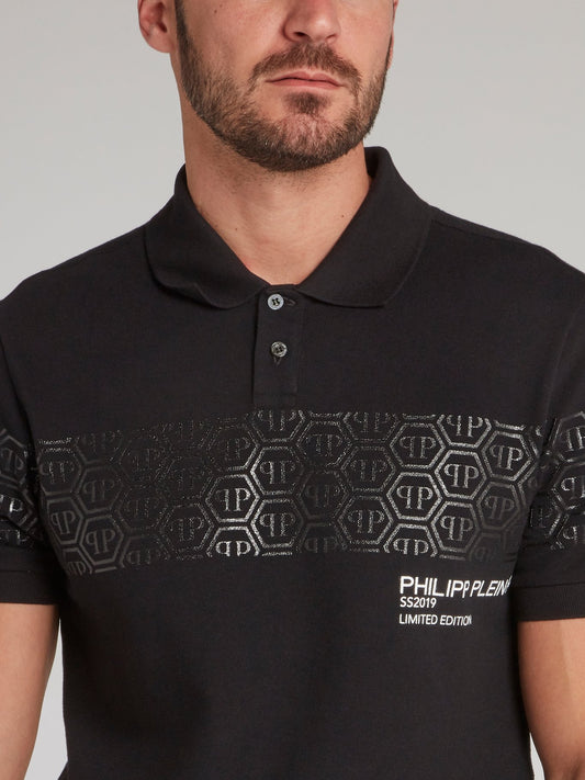 Black Monogram Print Panel Polo Shirt