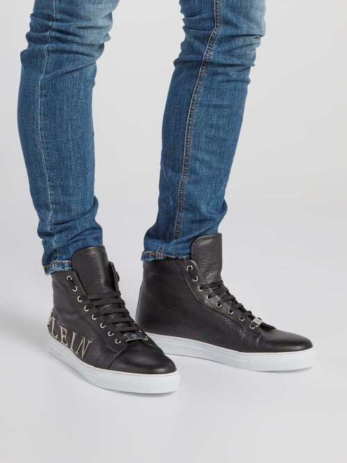 Black Logo Embellished High Top Sneakers