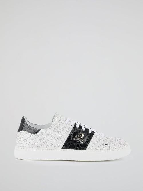 White Monogram Print Contrast Sneakers