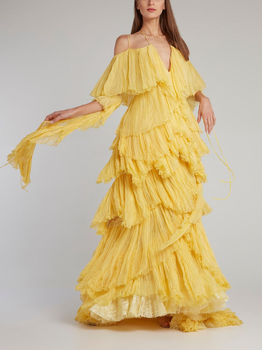 Yellow Tiered Pleated Evening Dress