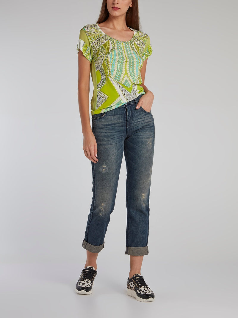 Green Printed Scoop Neck T-Shirt