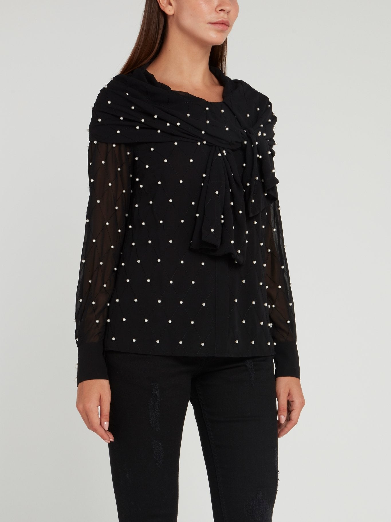 Pearl Embellished Black Ribbon Blouse