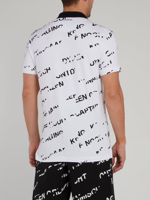 White Contrast Monogram Print Polo Shirt