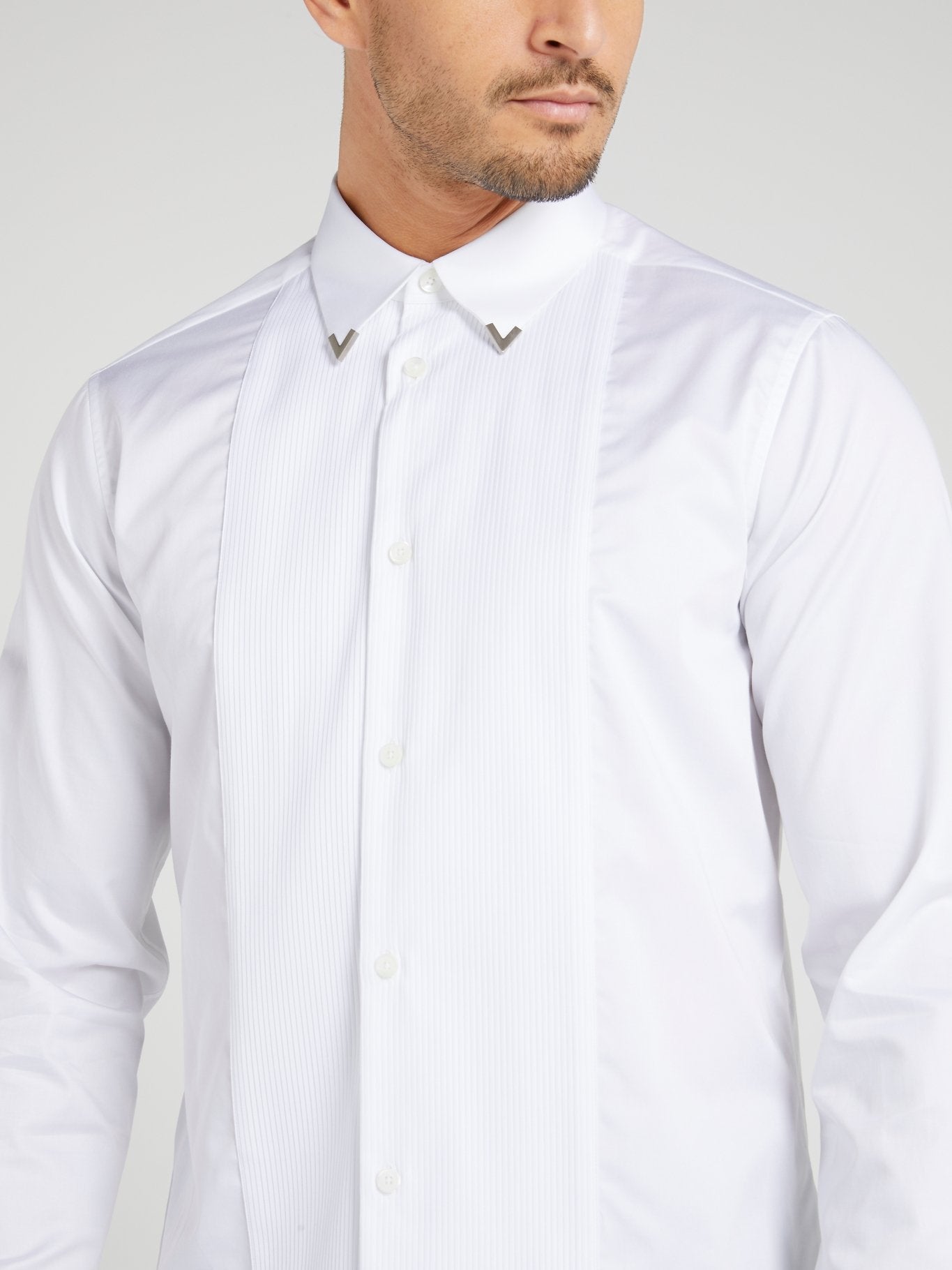 White Collar Tip Embellished Long Sleeve Shirt