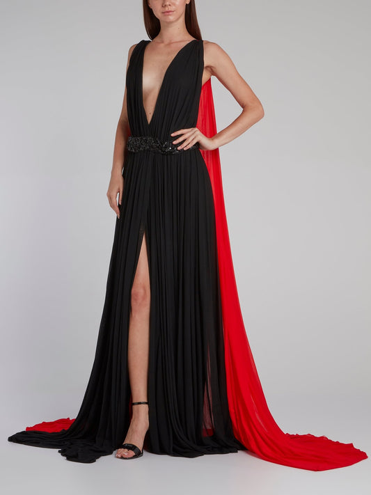 Two Tone Plunging Cape Gown