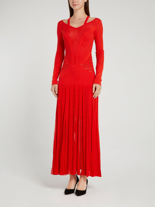 Red Lace Pattern Knitted Maxi Dress