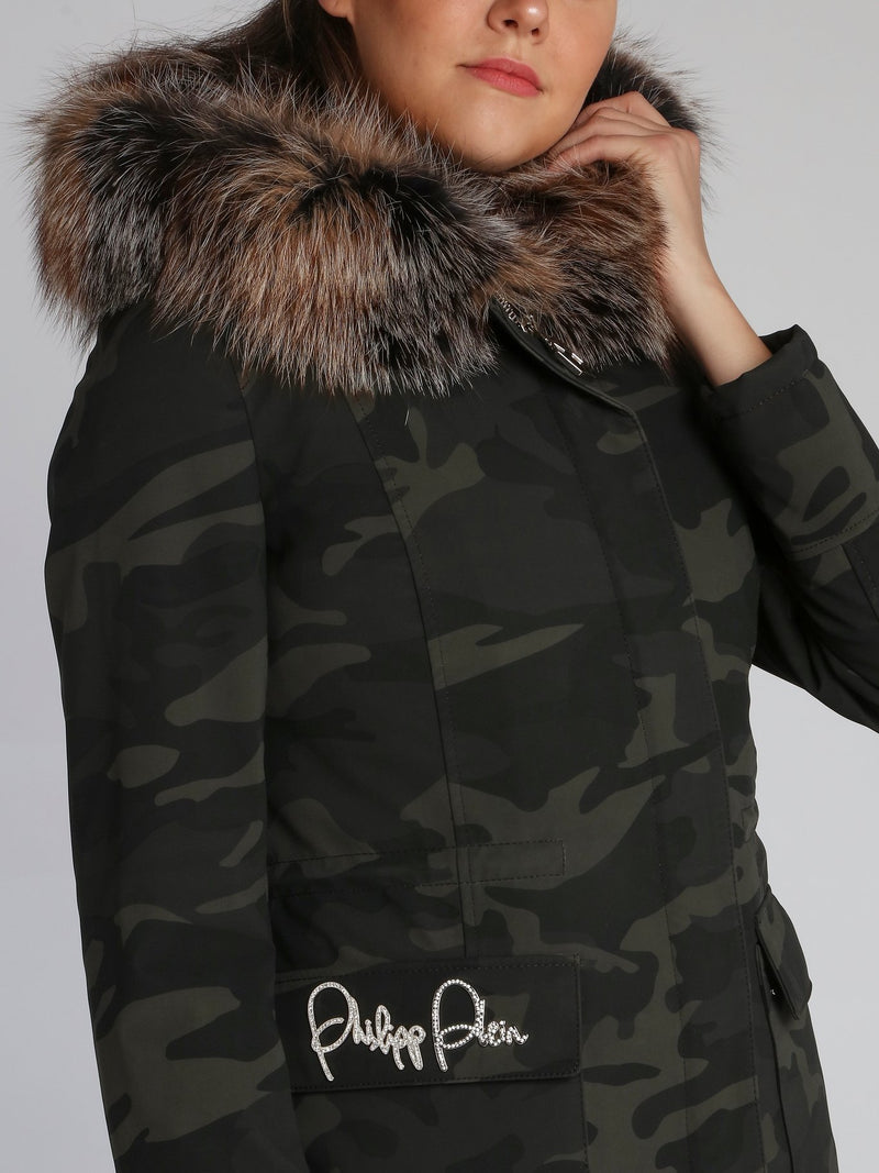 Detachable Fur Trim Camo Parka