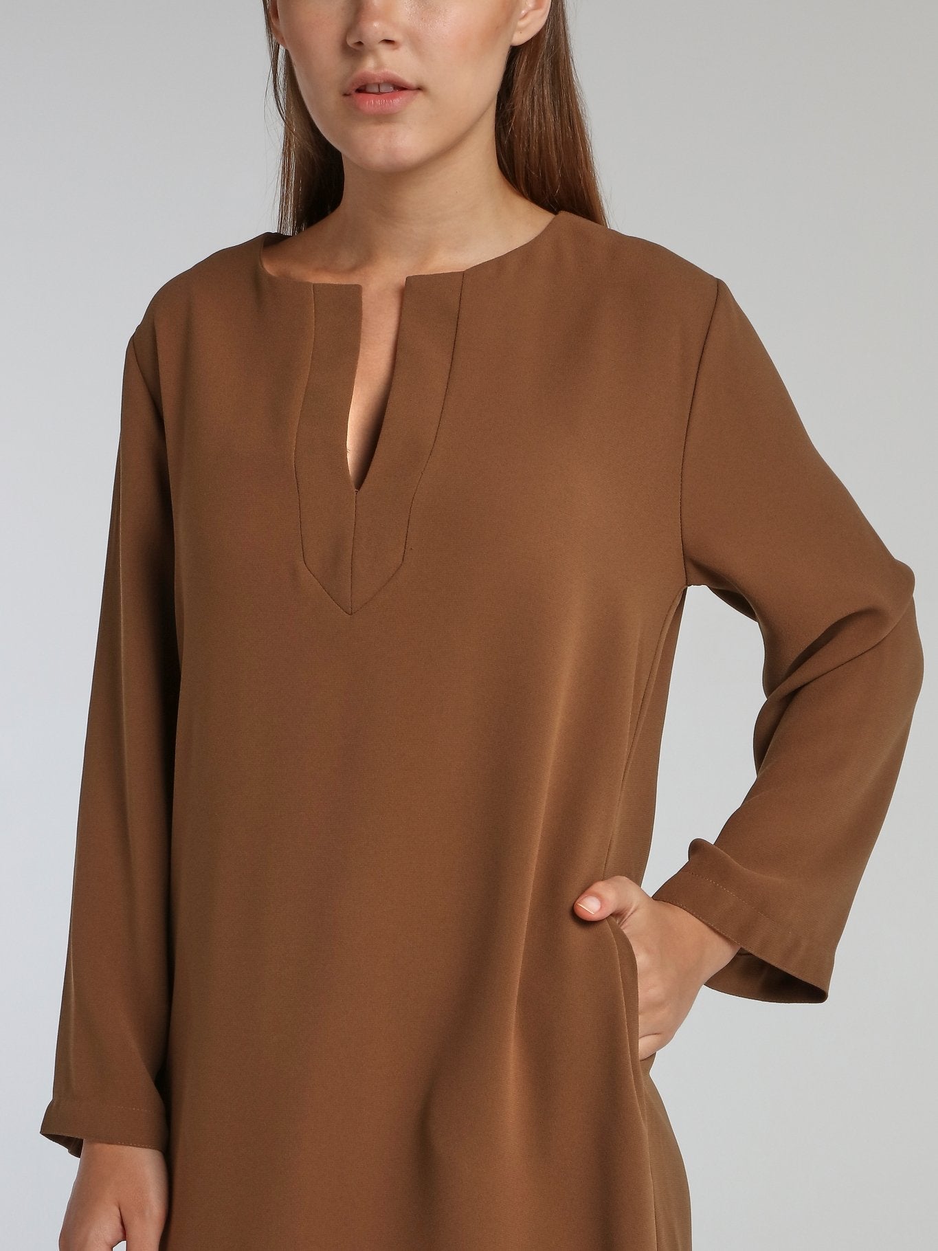 Line Brown Long Sleeve Crepe Dress