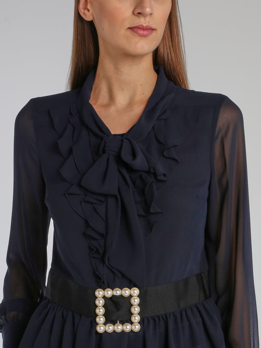 Navy Belted Ruffle Top