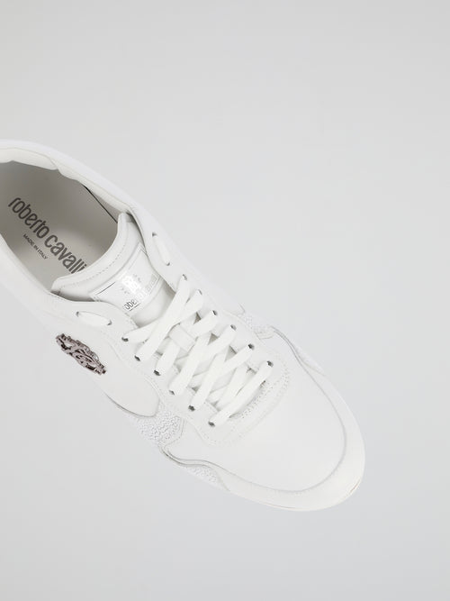White Textured Panel Leather Sneakers