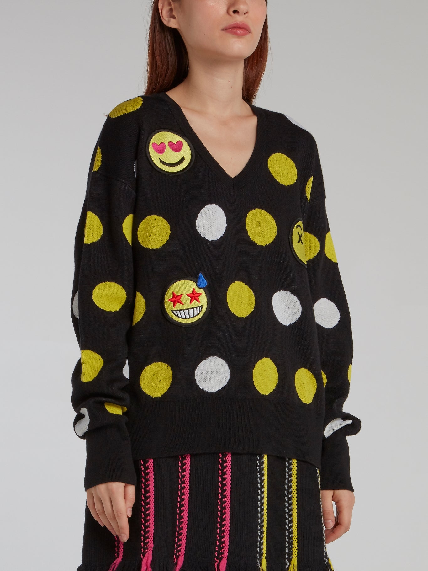 Smiley Embroidered V-Neck Pullover