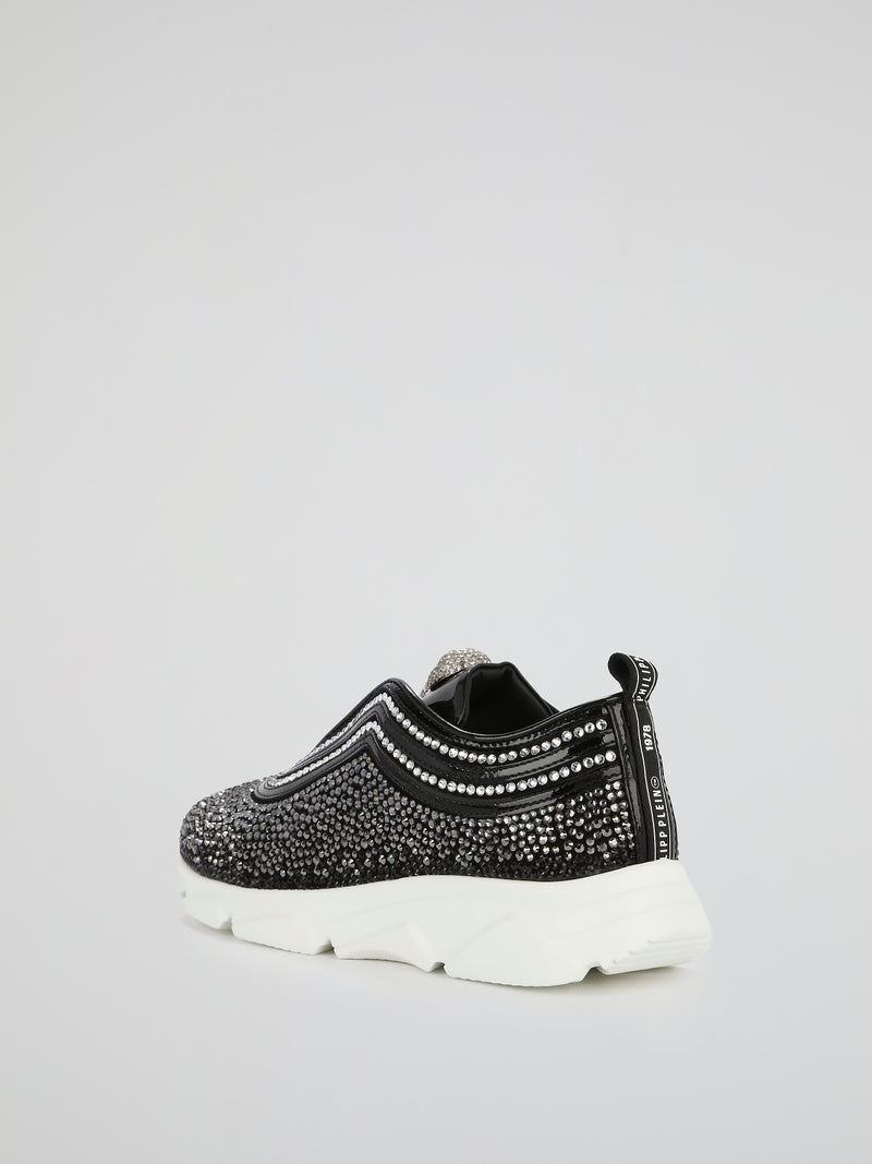 Black Crystal Skull Slip On Sneakers