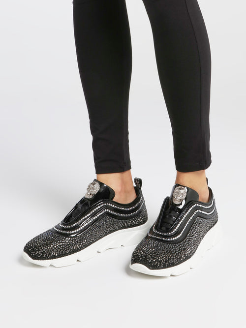 Black Crystal Skull Slip On Sneakers