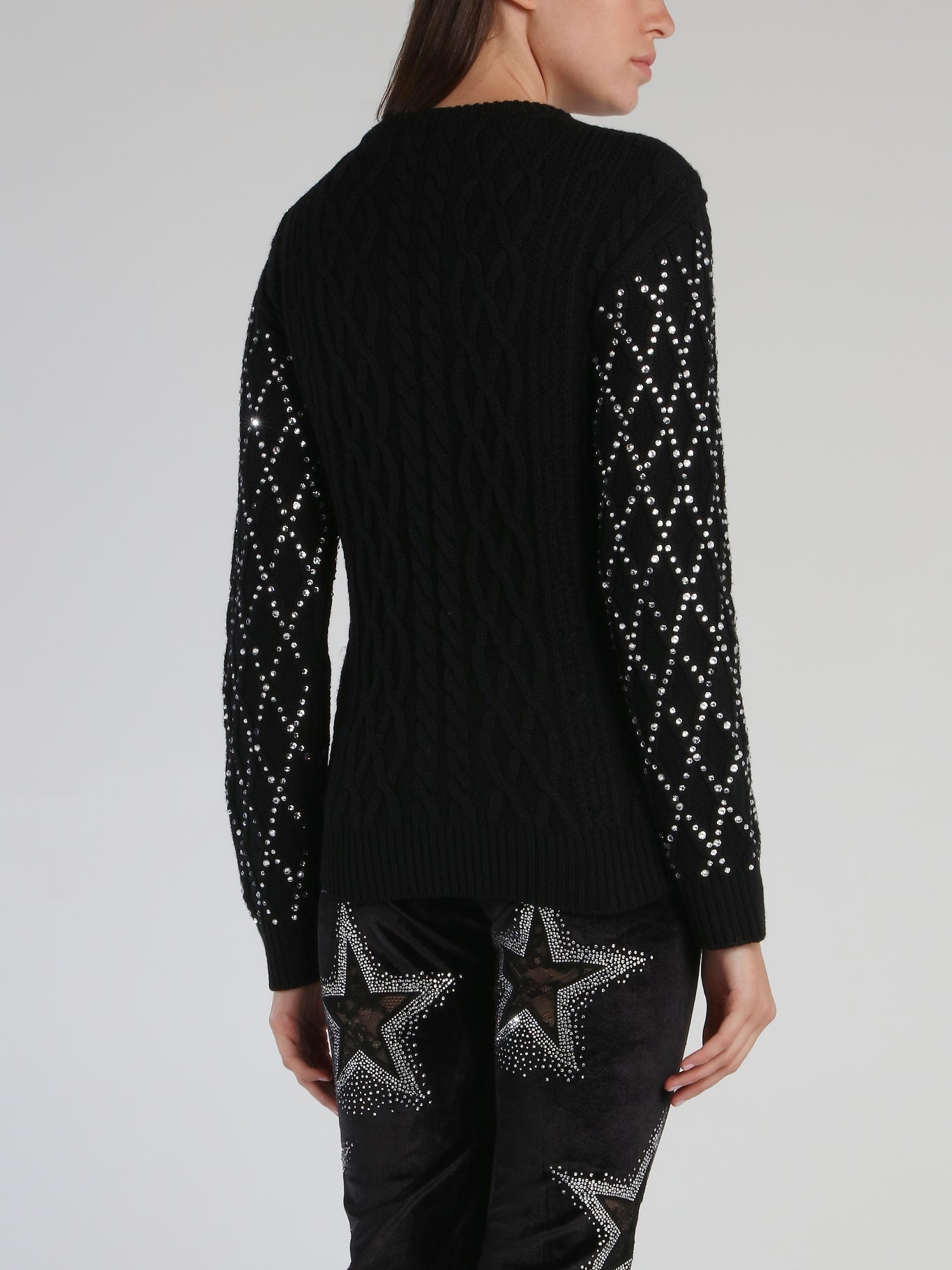 Black Crystal Studded Sleeve Pullover