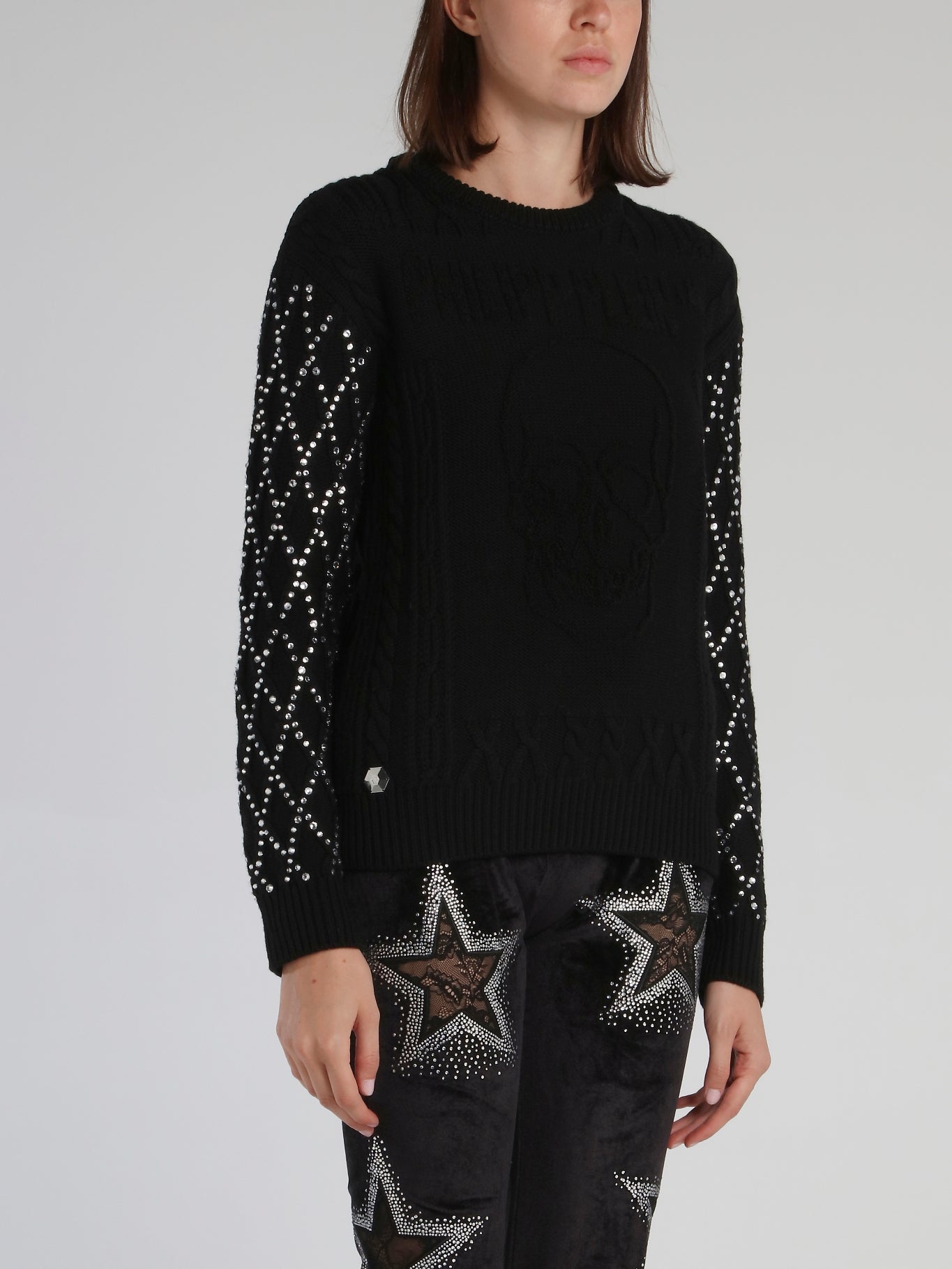 Black Crystal Studded Sleeve Pullover