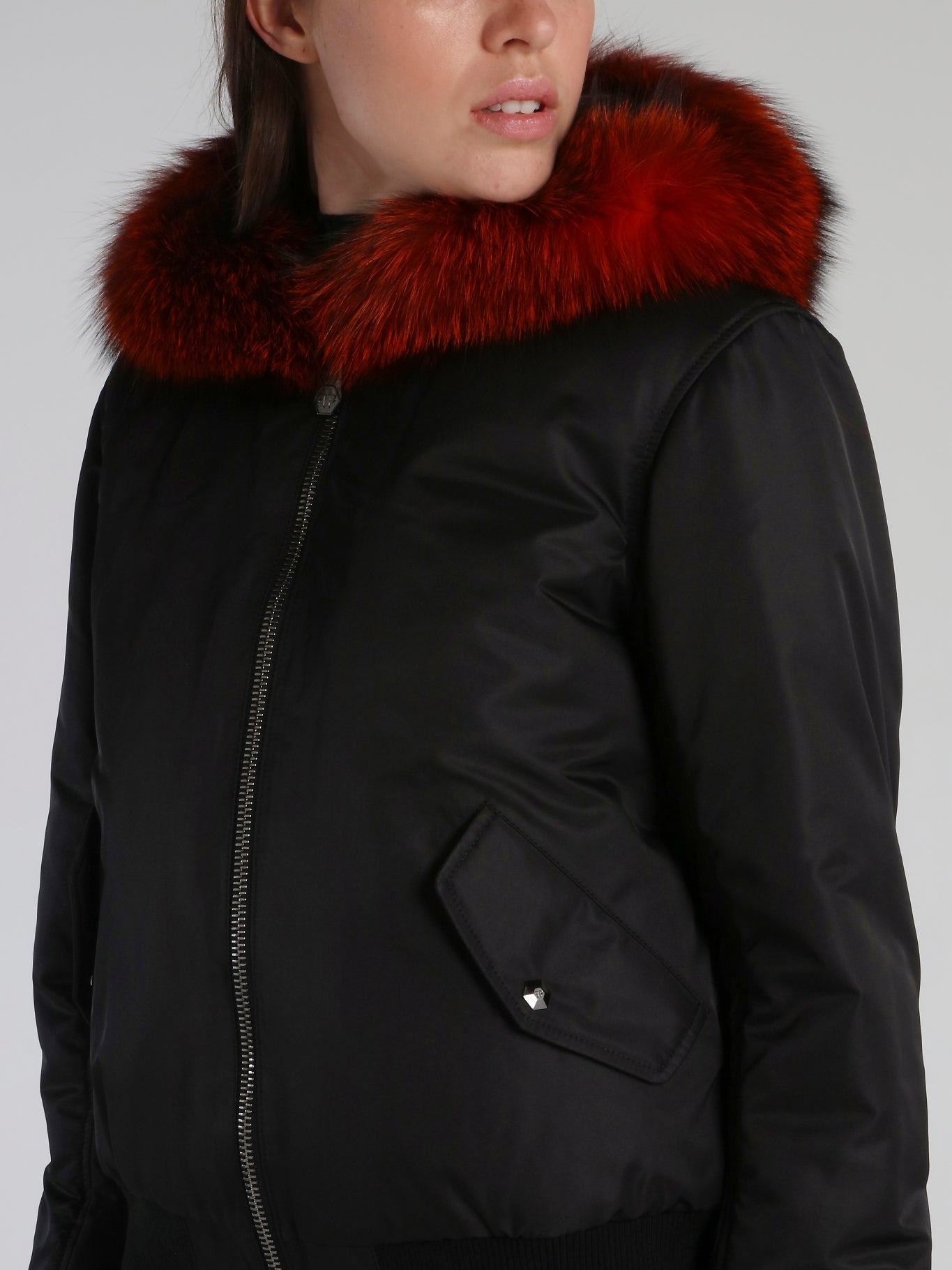 Black Fur Hood Bomber Jacket