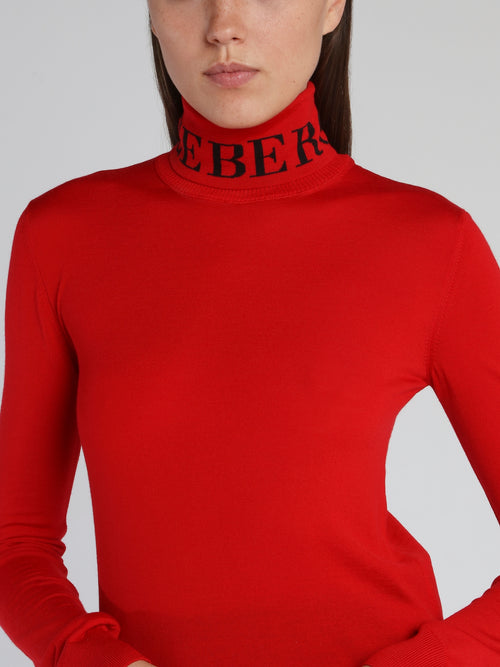 Red Logo Knitted Turtleneck Top