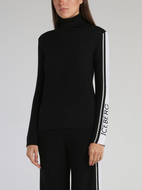 Black Logo Sleeve Turtleneck Top