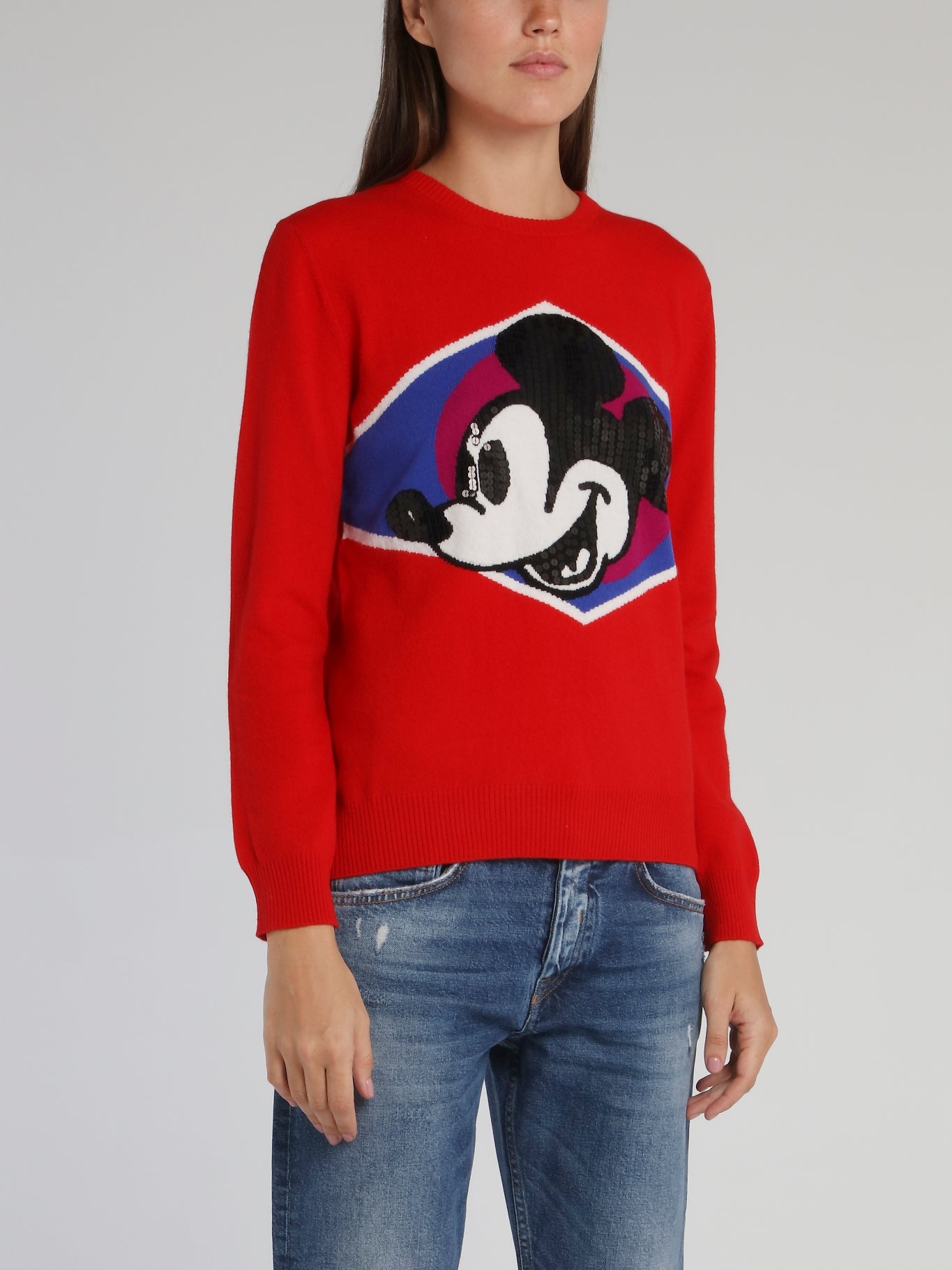 Red Mickey Mouse Crewneck Knitted Sweater