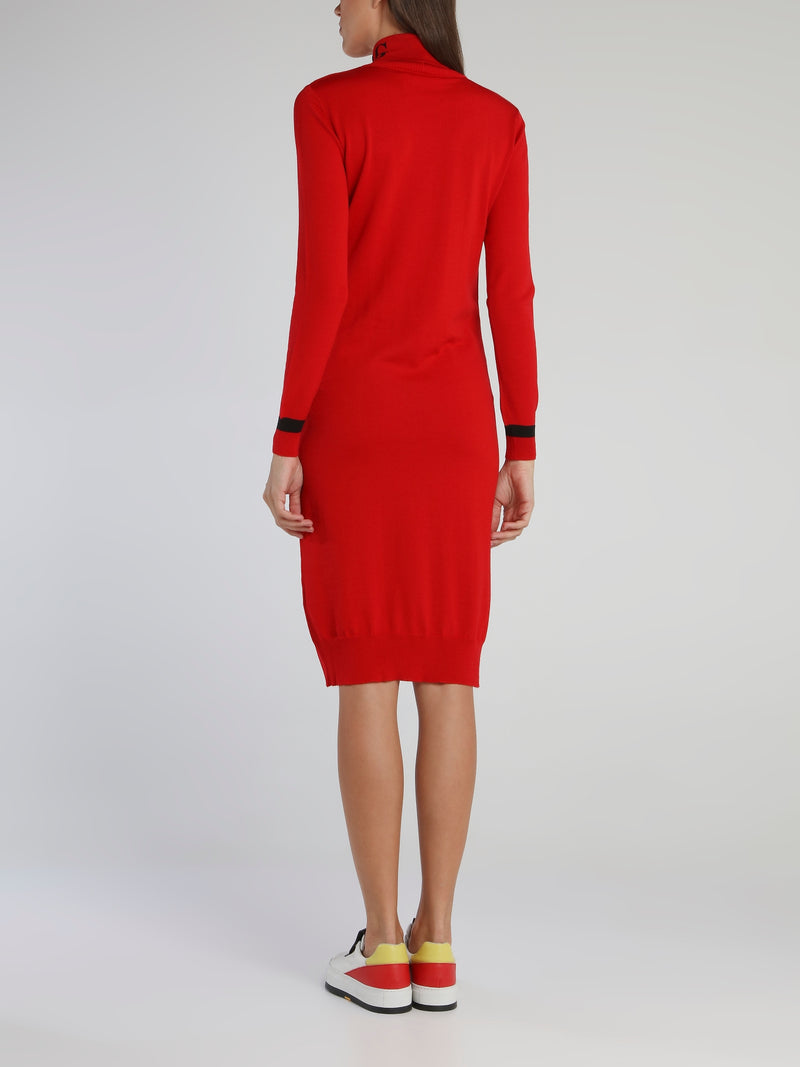 Red Logo Turtleneck Knitted Dress