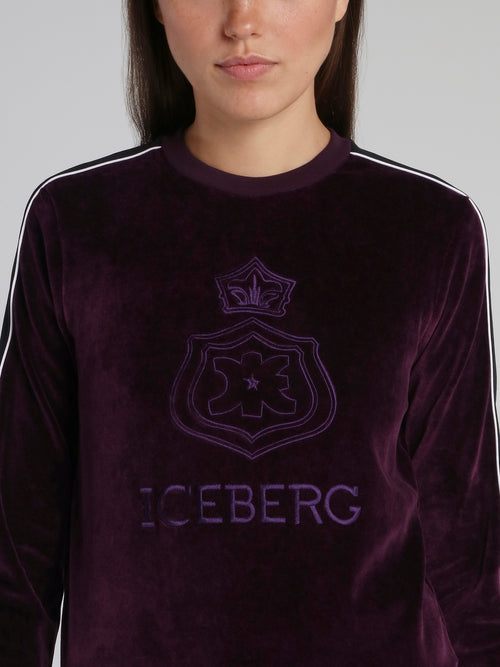 Purple Embroidered Logo Velvet Sweatshirt