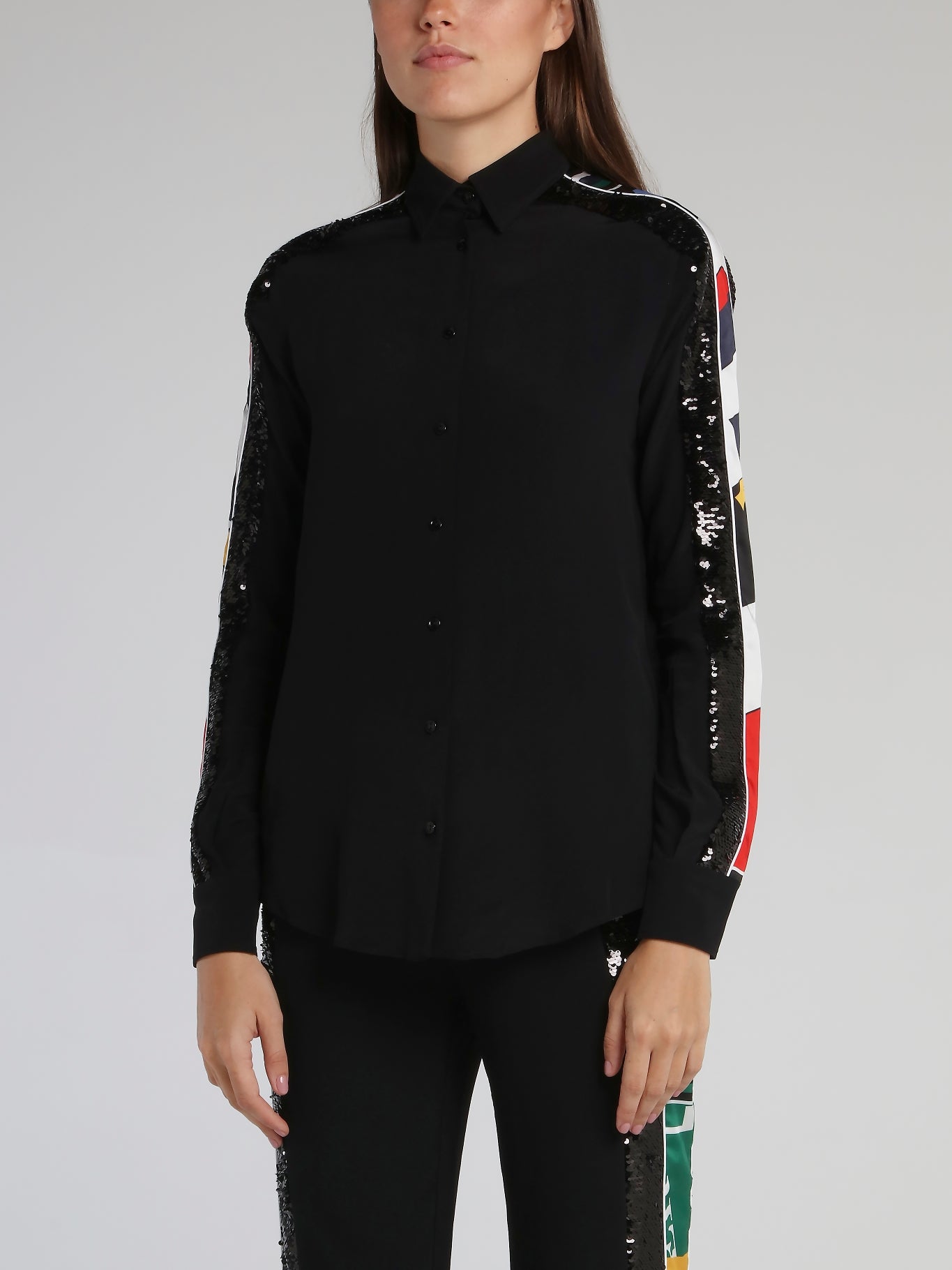 Black Sequin Panel Long Sleeve Shirt