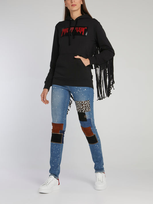 Black Crystal Logo Fringe Sweatshirt