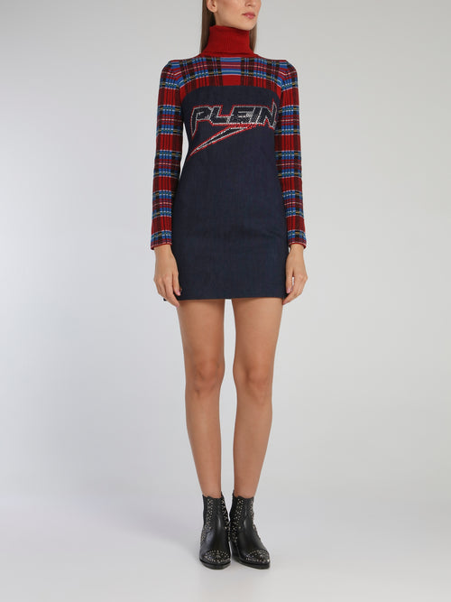 Strass Logo Tartan Mini Dress