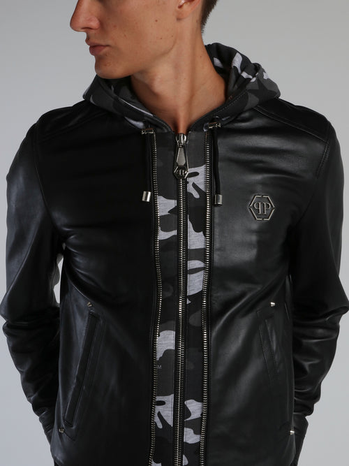 Black Camo Panel Leather Jacket