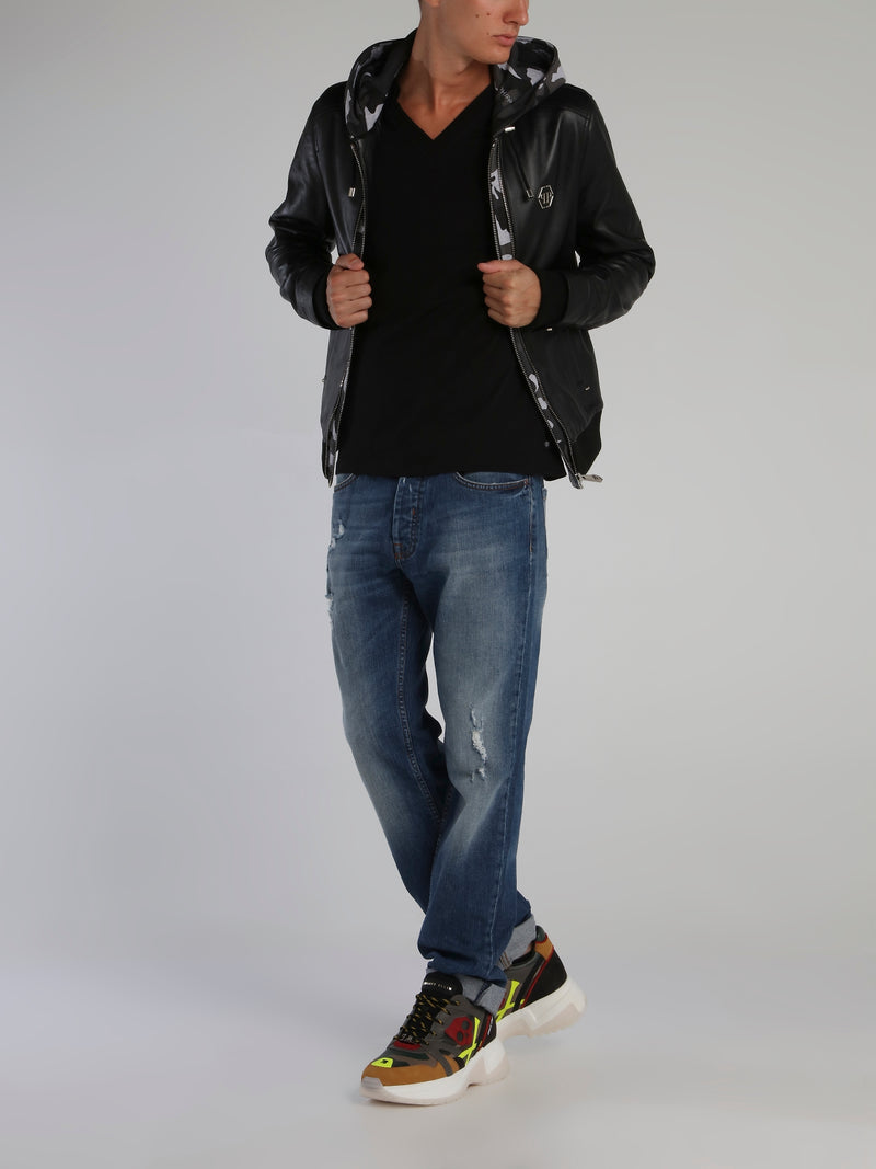 Black Camo Panel Leather Jacket