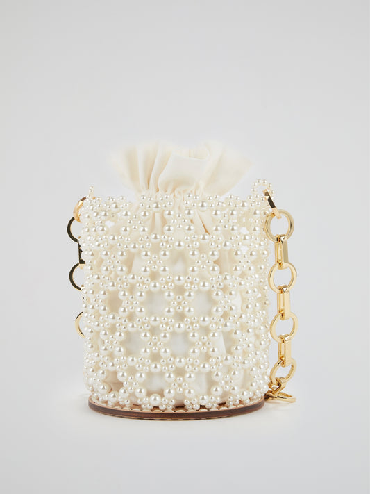 White Pearl Embellished Chain Strap Bucket Bag