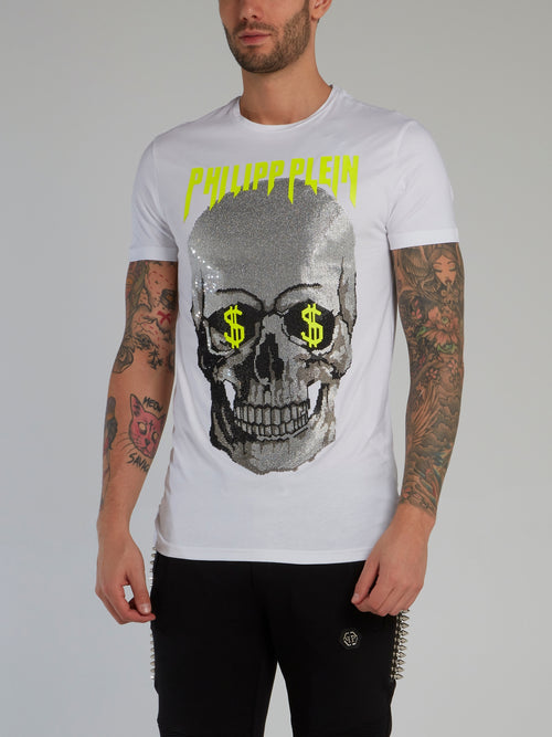 Skull Strass White Cotton T-Shirt